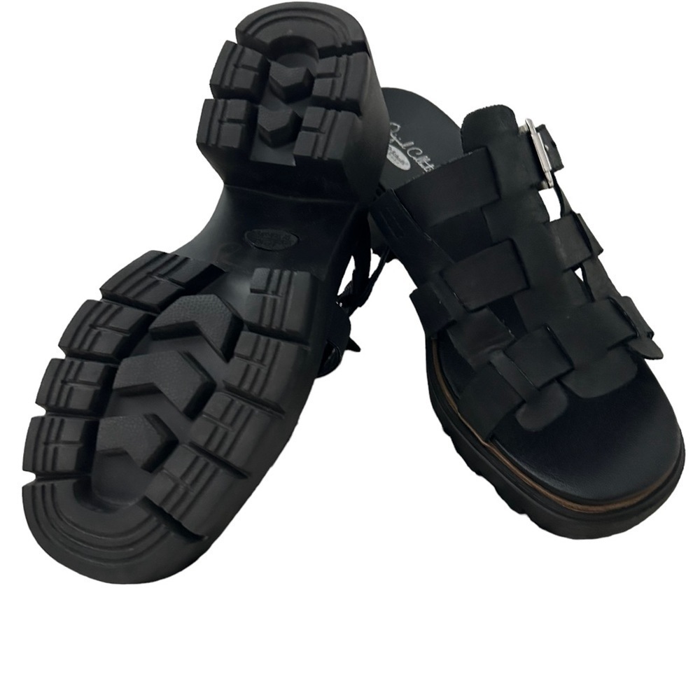 NEW Black Leather Fisherman Woven Wedge Heel Clogs - Picture 4 of 5